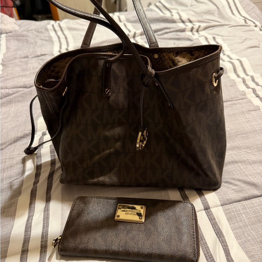 Michael Kors Dark Brown Tote and Wallet Set